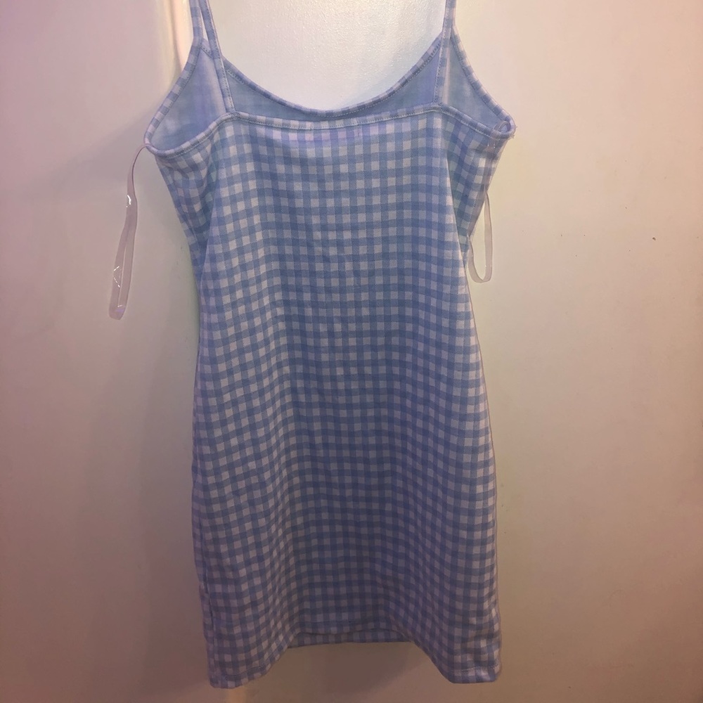 Blue checkered spaghetti strap body con sundress